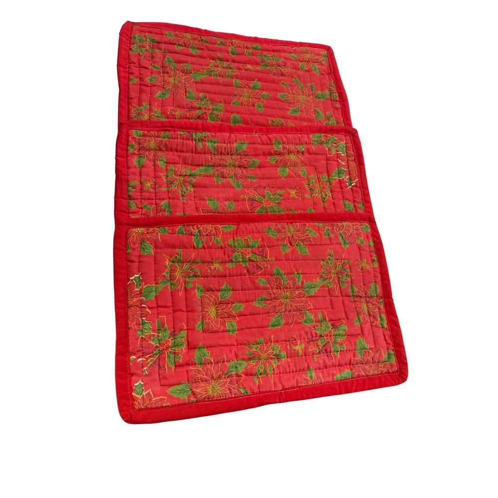 Handmade Quilted Christmas Placemats Set of 3 Red‎ Poinsettia Reversible 20x14